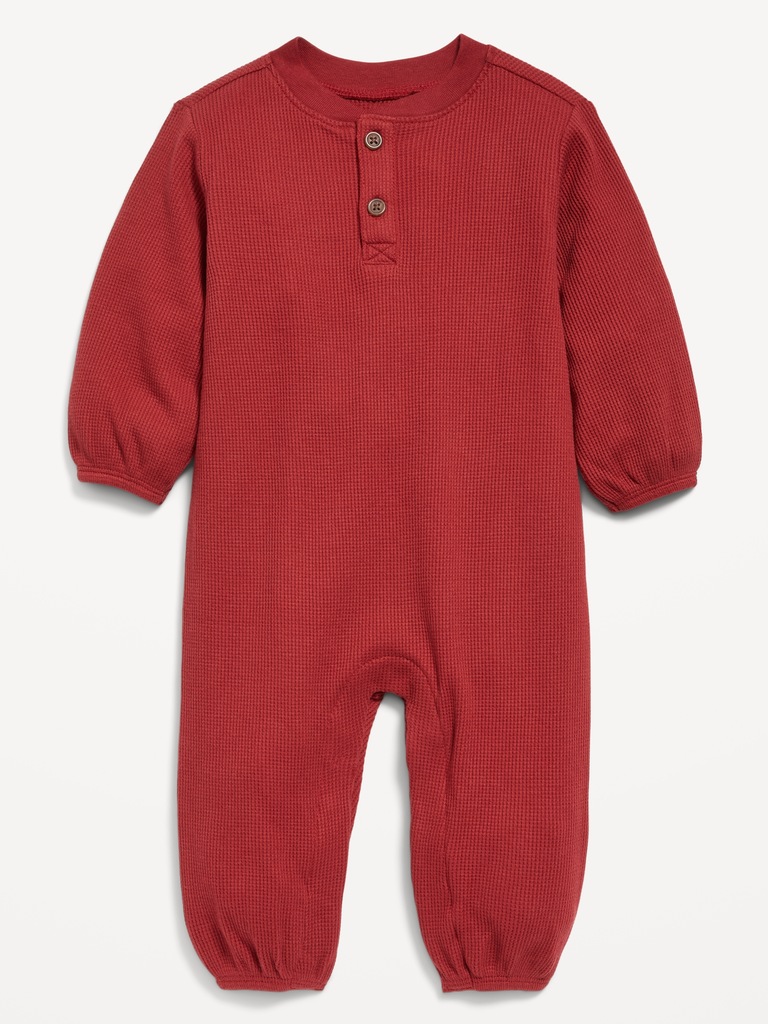 Long-Sleeve Waffle-Knit Henley One-Piece for Baby