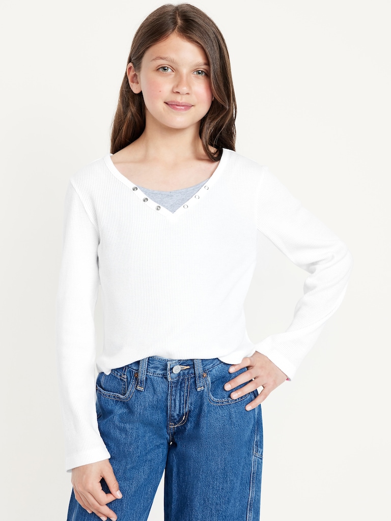 Long-Sleeve 2-In-1 Fitted Henley Top for Girls