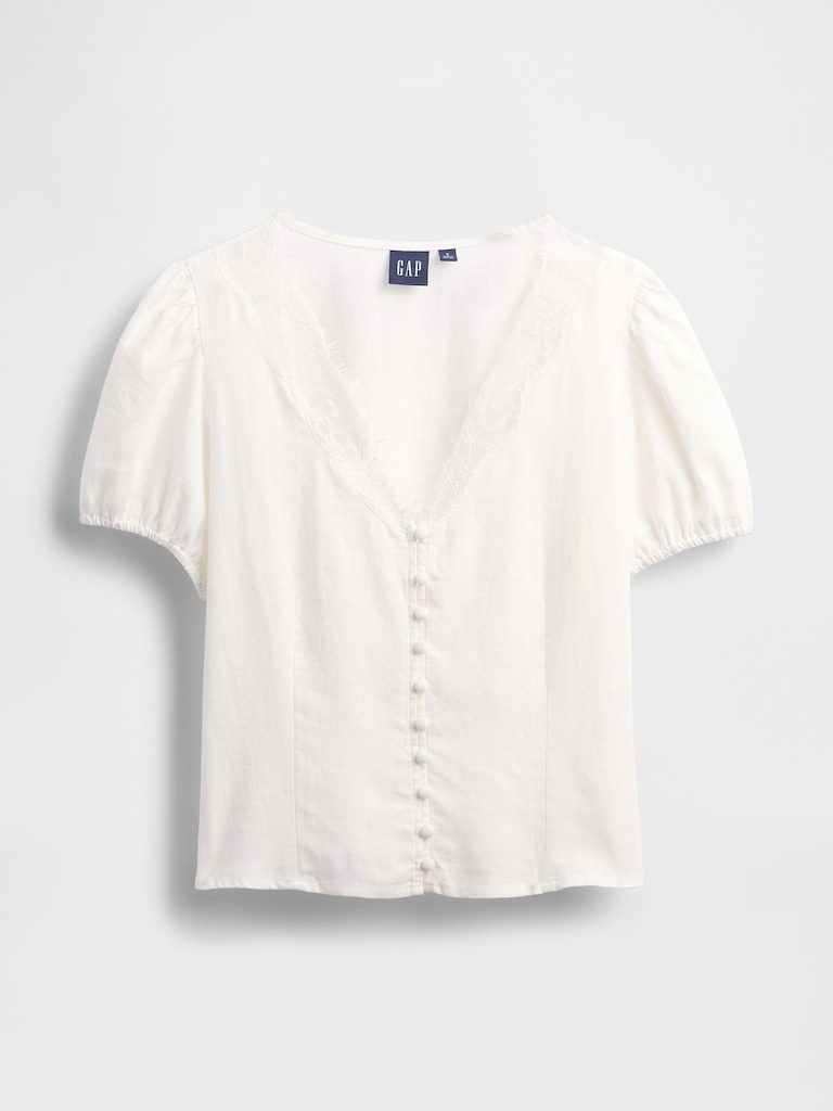Linen-Blend Lace V-Neck Top