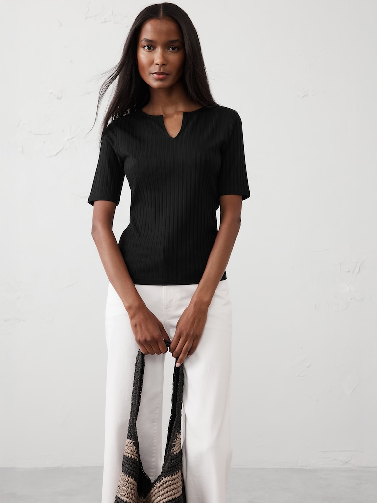 Wide Ribbed Split-Neck Top