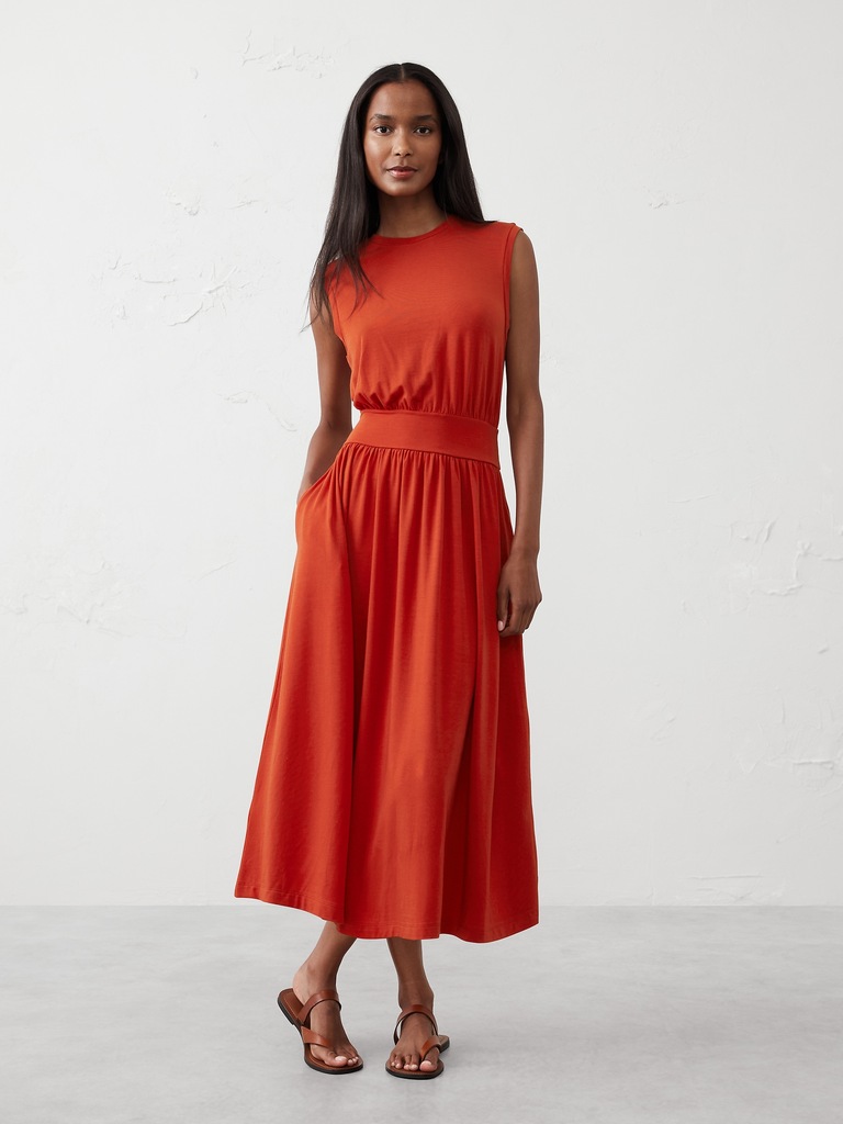 Knit Banded-Waist Midi Dress
