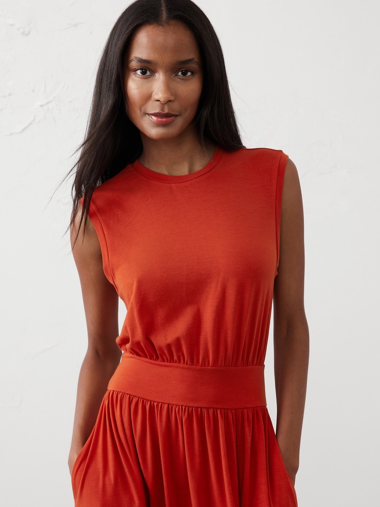 Knit Banded-Waist Midi Dress