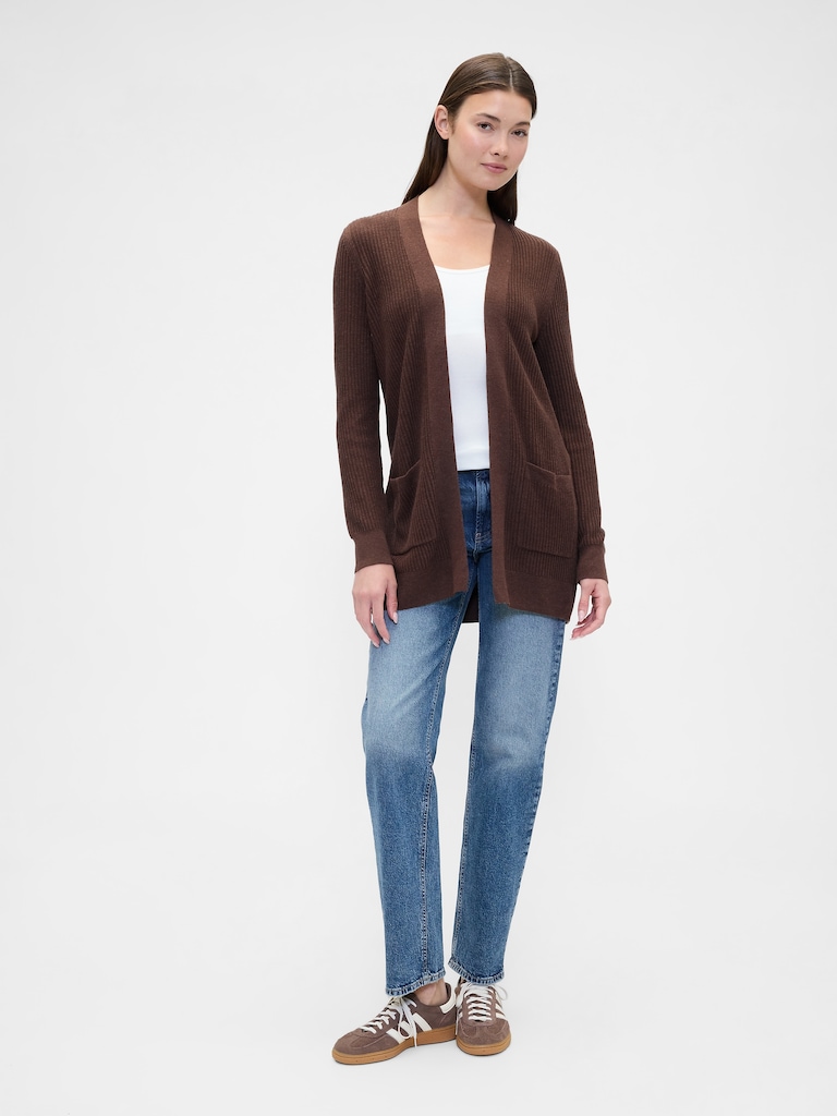 Relaxed Shaker-Stitch Open-Front Cardigan