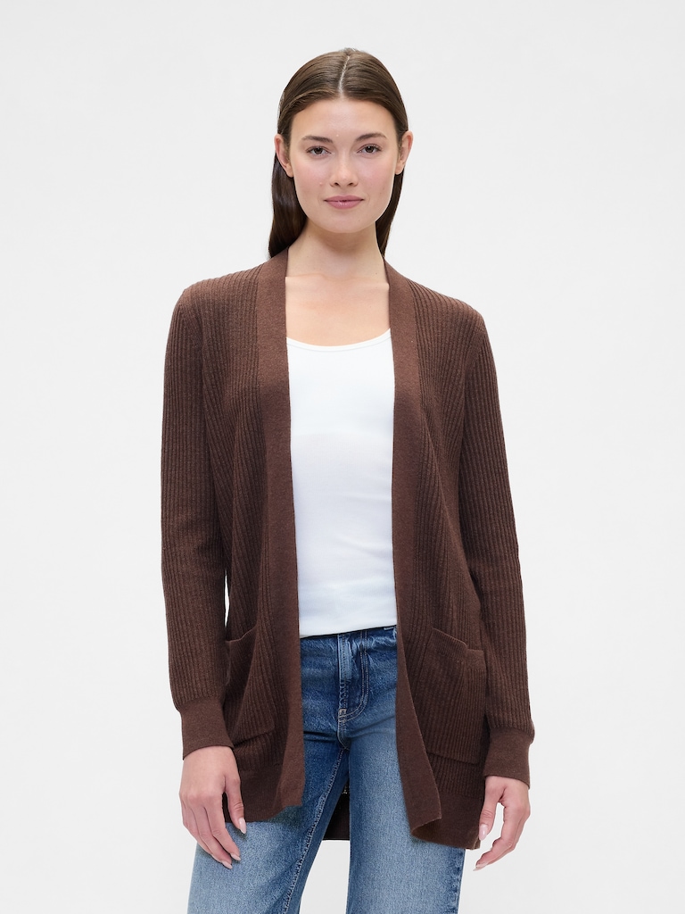 Relaxed Shaker-Stitch Open-Front Cardigan