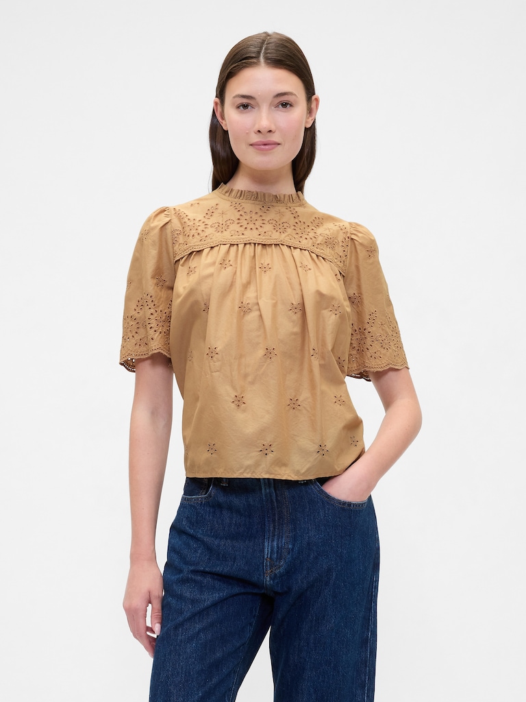 Relaxed Puff Sleeve Eyelet Top