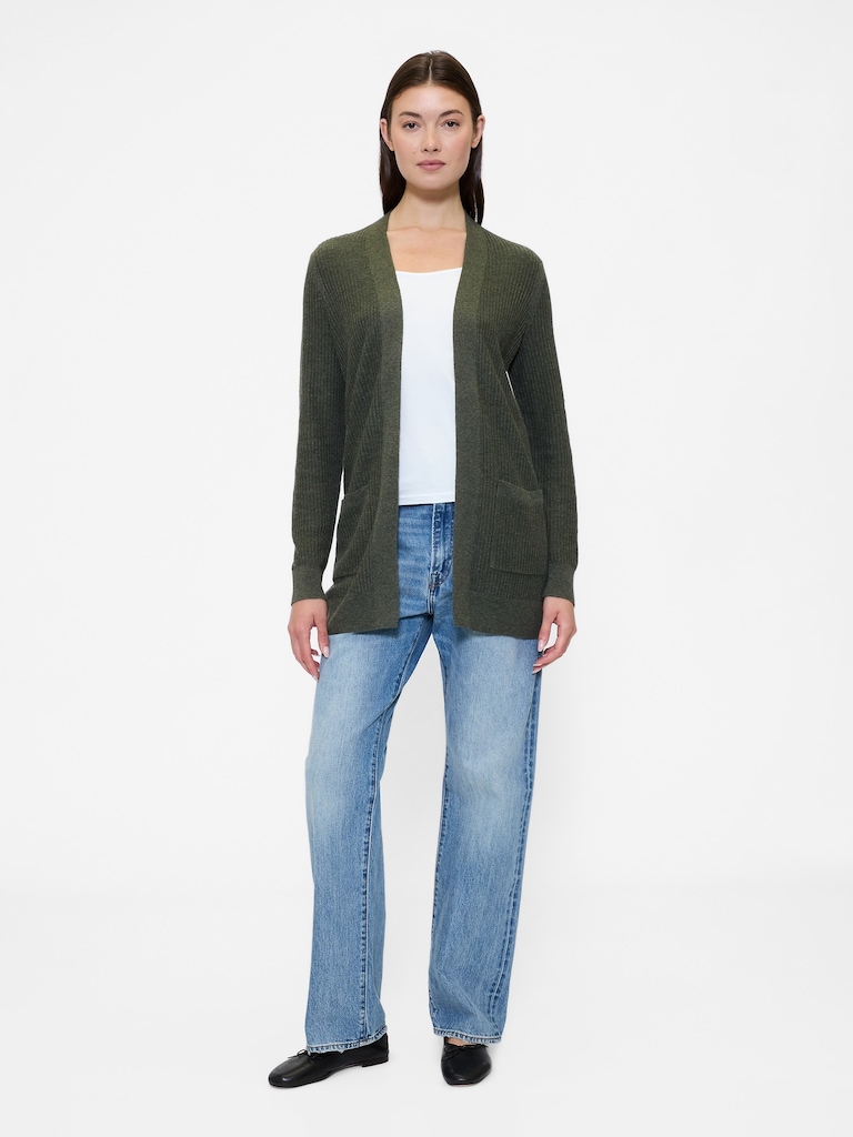 Relaxed Shaker-Stitch Open-Front Cardigan