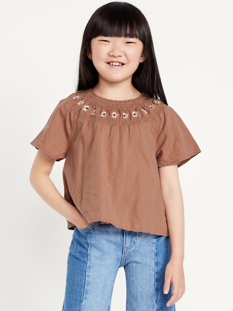 Short-Sleeve Textured Embroidered Top for Girls