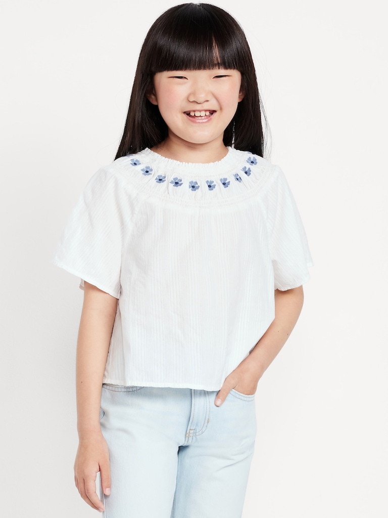 Short-Sleeve Textured Embroidered Top for Girls