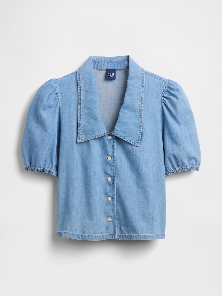 Denim Puff-Sleeve Collared Shirt