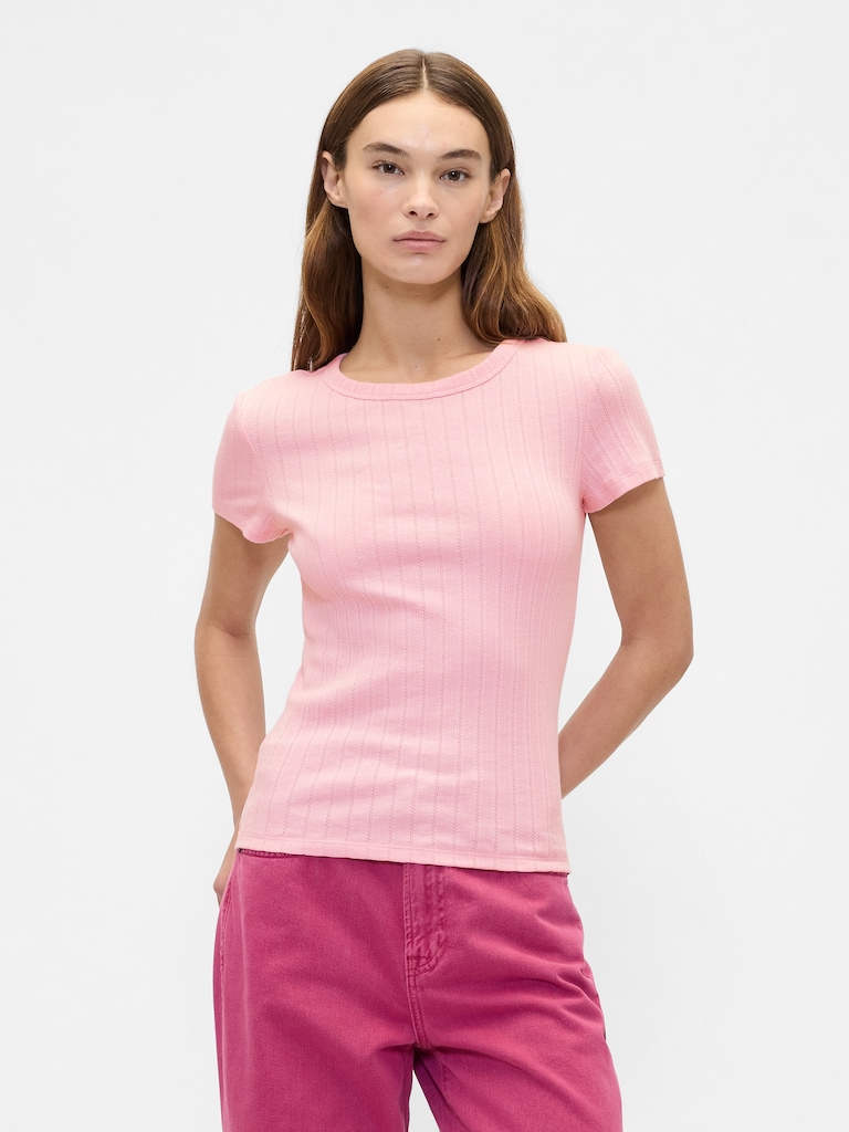 Ribbed Pointelle Crewneck T-Shirt