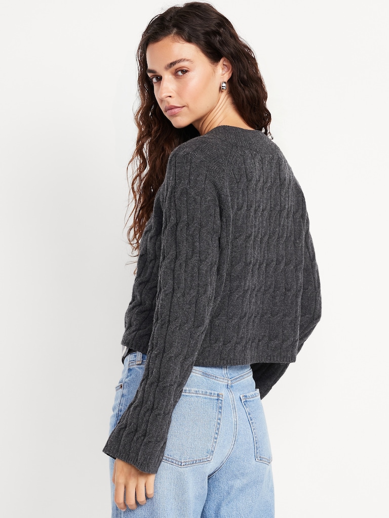 Wool-Blend V-Neck Cable Cropped Sweater