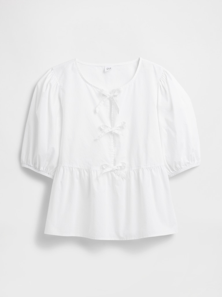 Poplin Puff Sleeve Tie-Front Top