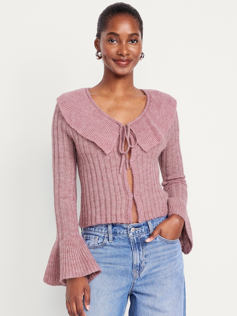 Wool-Blend Ruffle Tie-Front Cropped Cardigan
