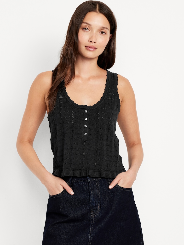 Sleeveless Pointelle Cropped Henley Top