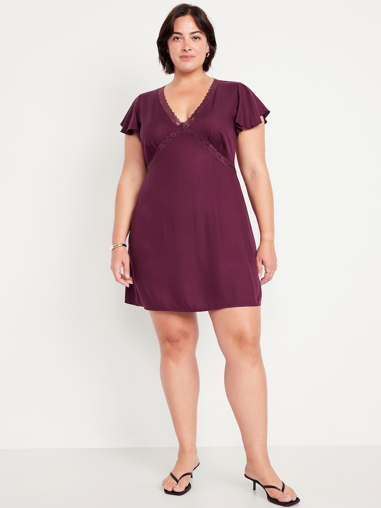 Fit & Flare Crepe Lace-Trim Mini Dress