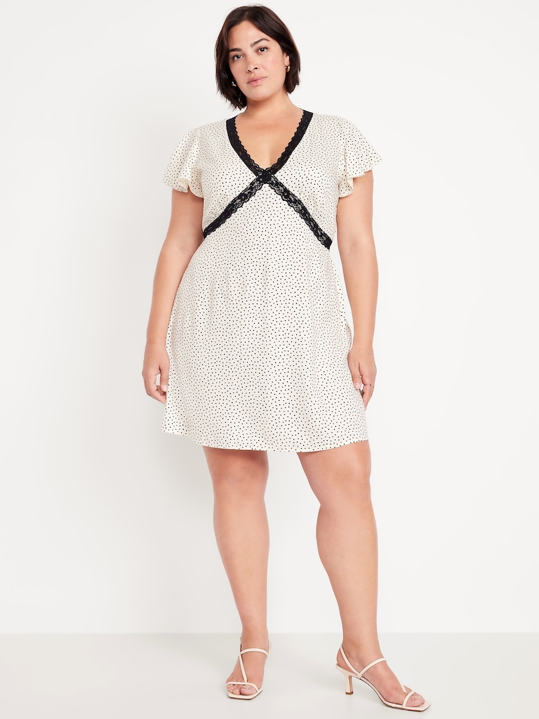 Fit & Flare Crepe Lace-Trim Mini Dress