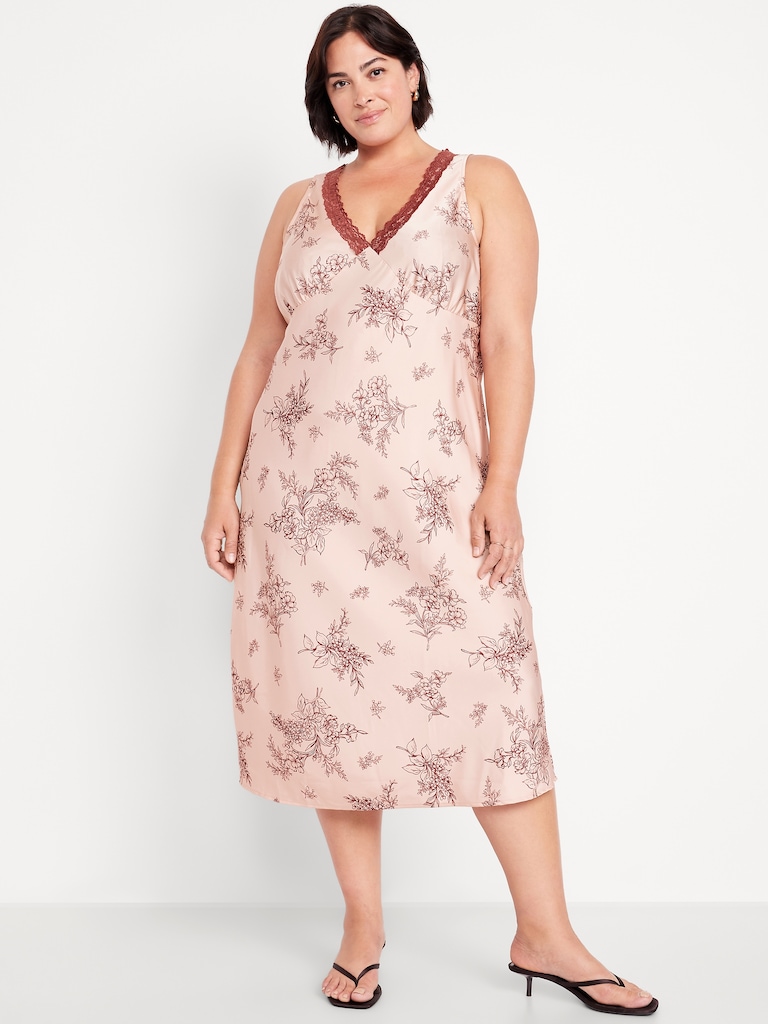 Lace-Trim Satin Midi Dress