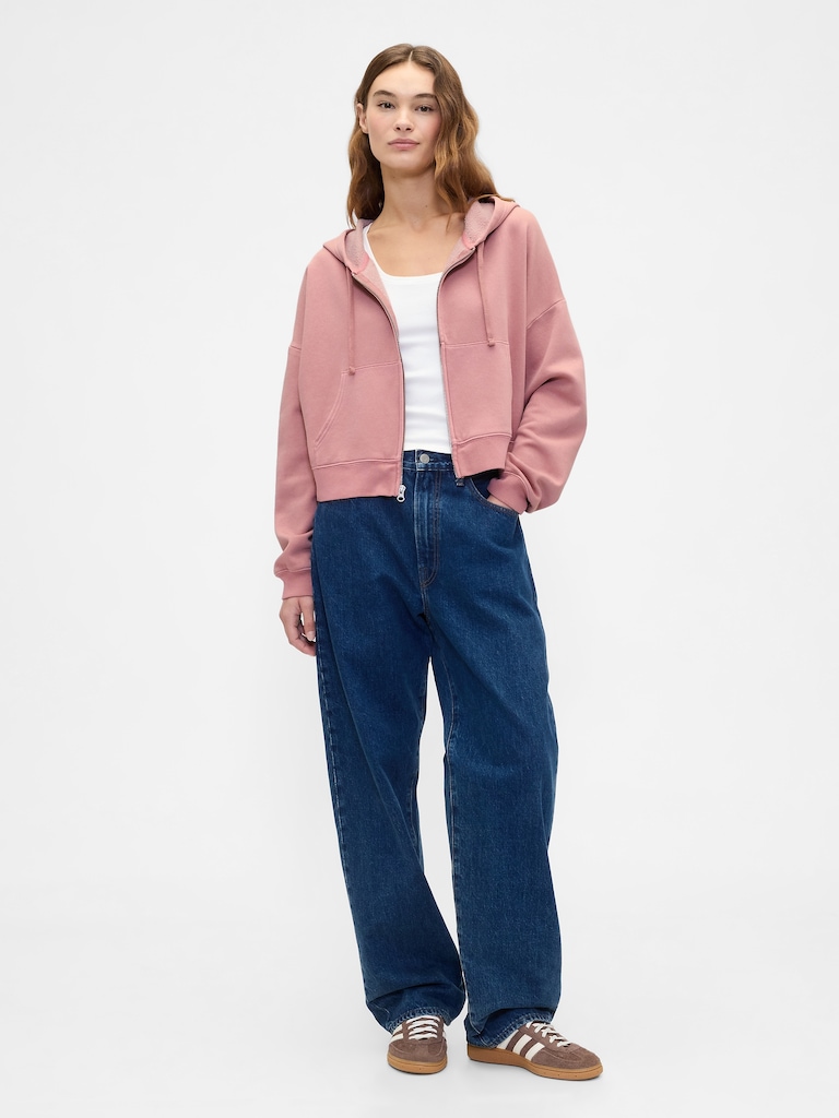 Relaxed Cropped Fleece Zip Hoodie