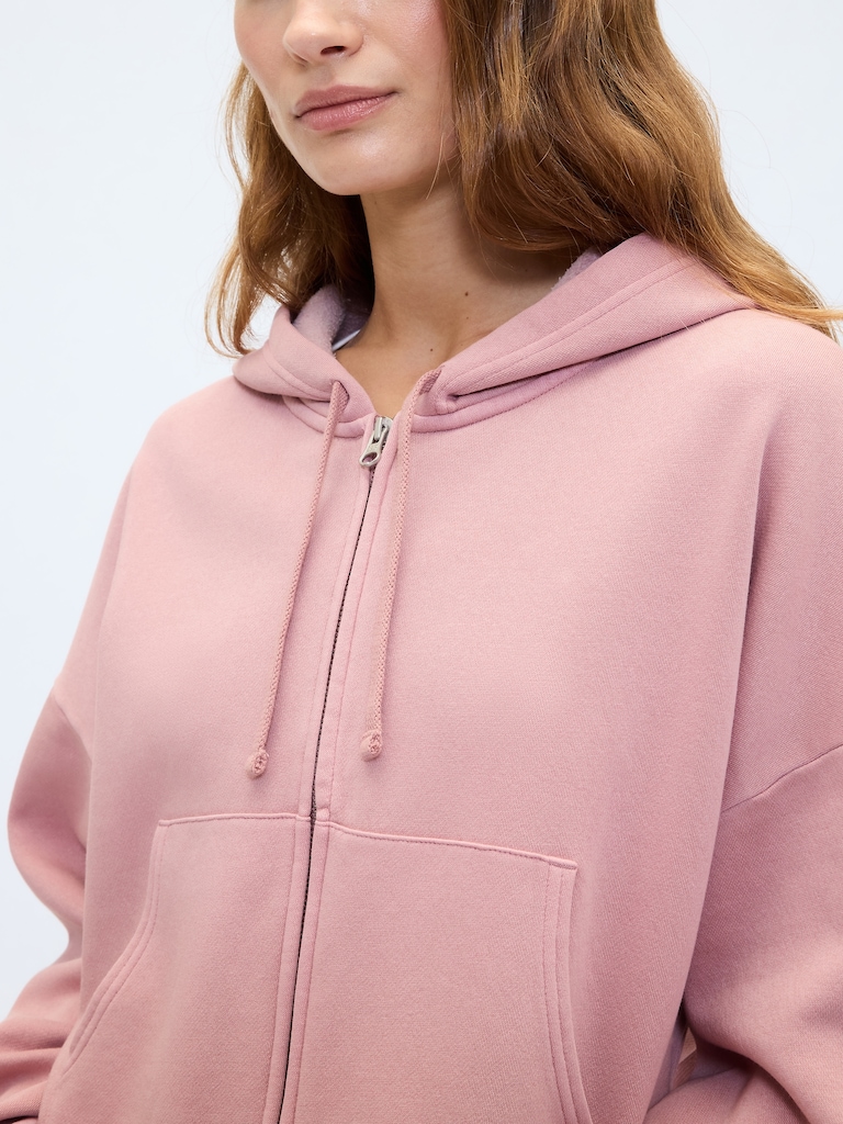 Relaxed Cropped Fleece Zip Hoodie