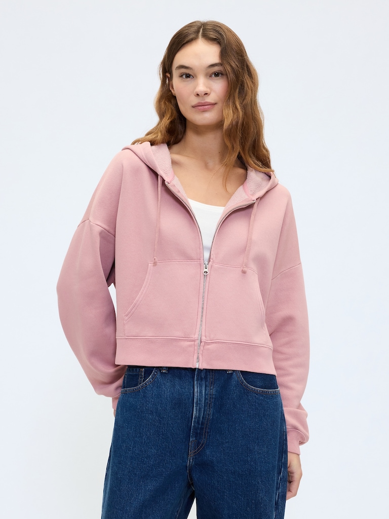 Relaxed Cropped Fleece Zip Hoodie
