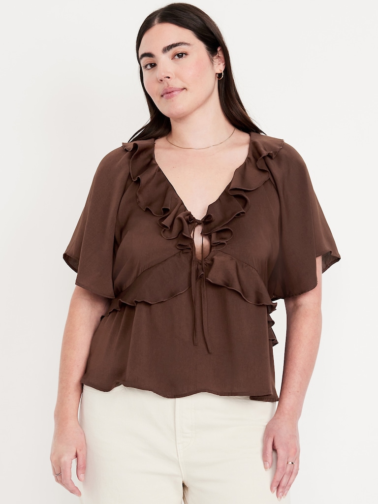 Satin Ruffle Tie-Front Top