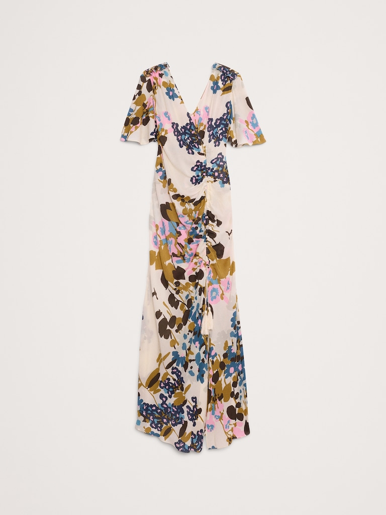 Stretch-Crepe Flutter-Sleeve Maxi Dress