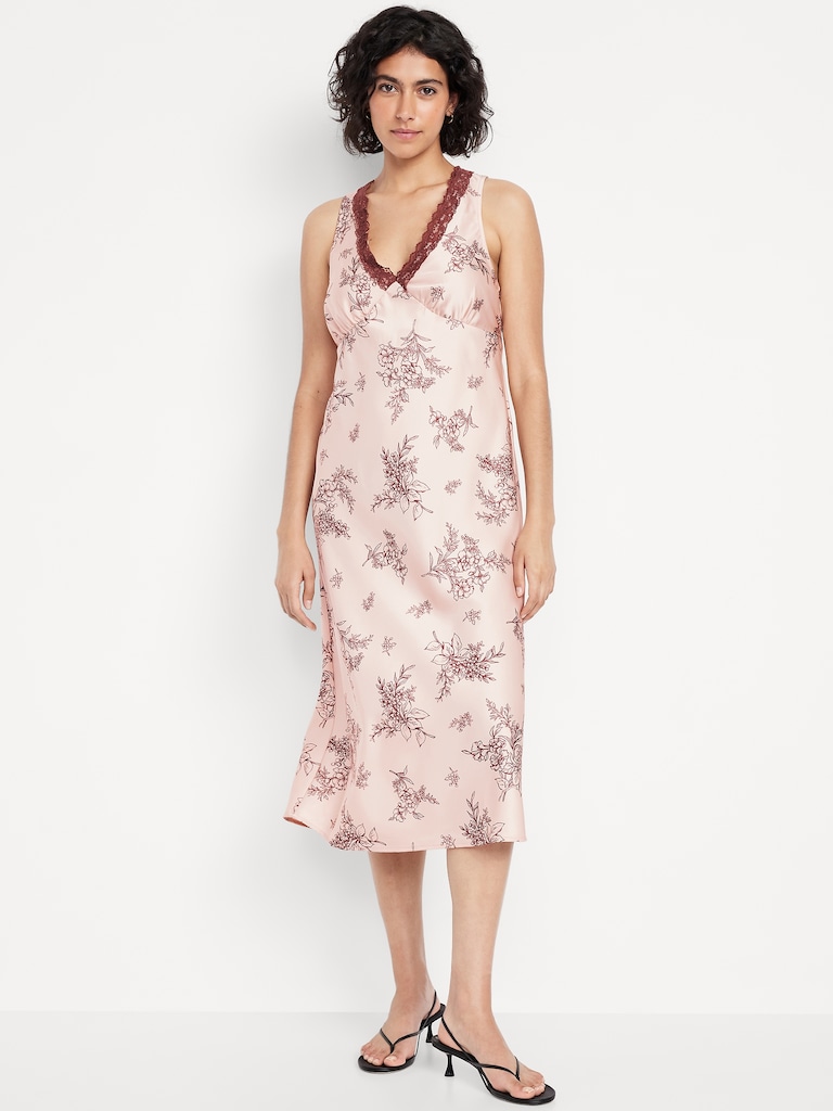 Lace-Trim Satin Midi Dress