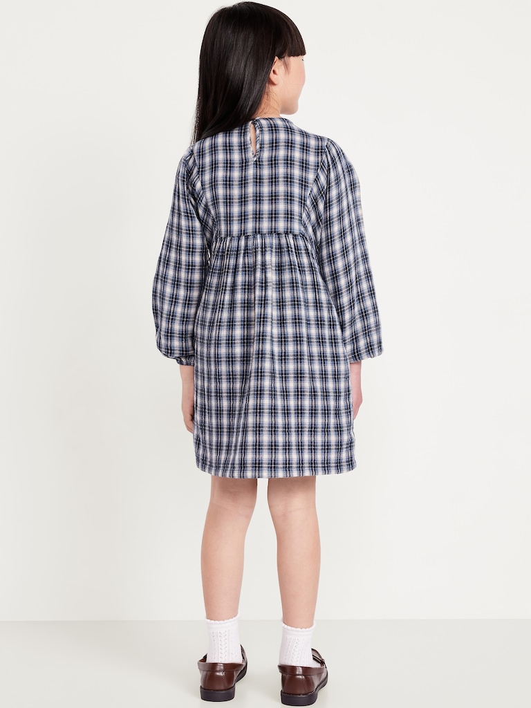 Long-Sleeve Tie-Front Double-Weave Swing Dress for Girls