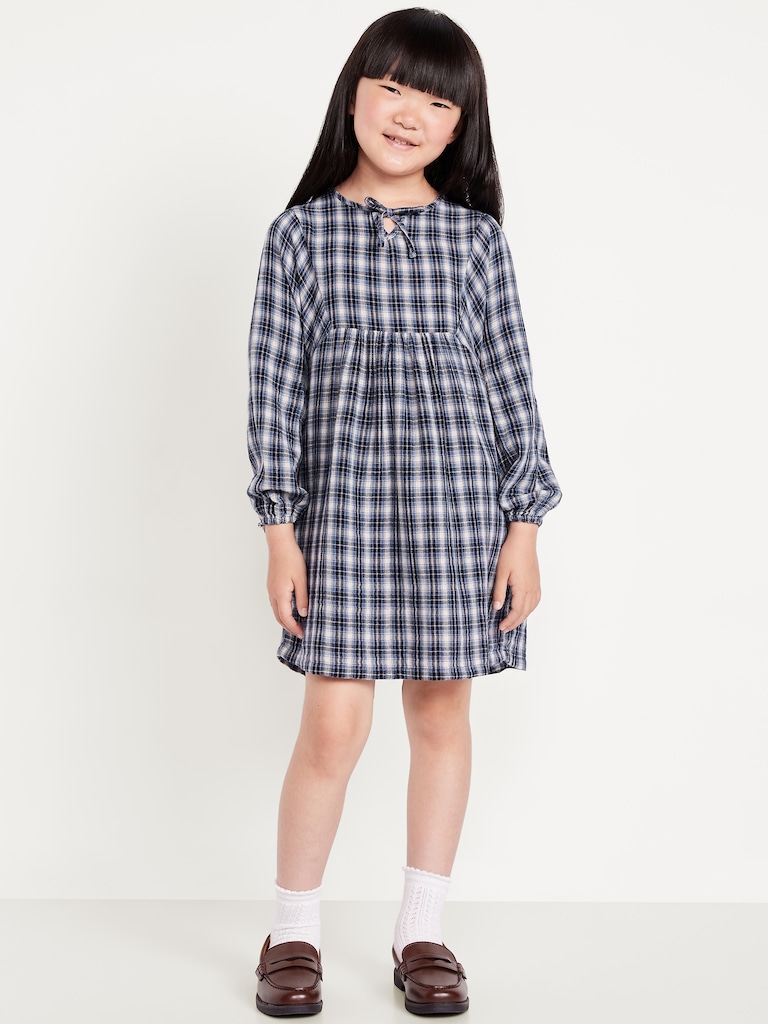 Long-Sleeve Tie-Front Double-Weave Swing Dress for Girls