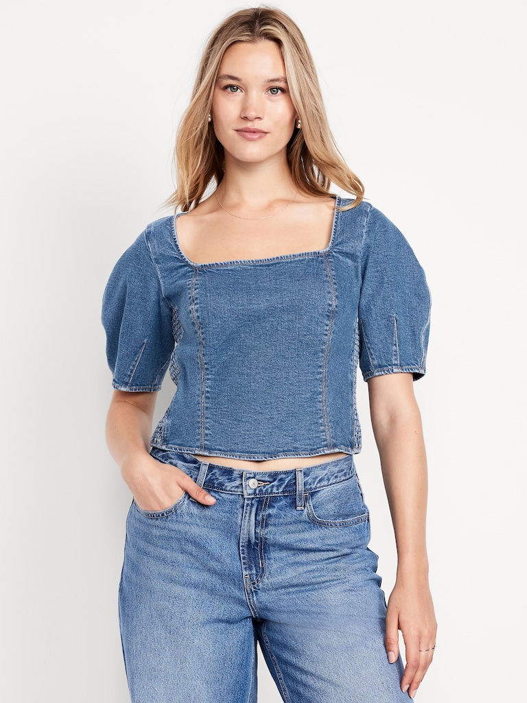 Square-Neck Denim Cropped Top