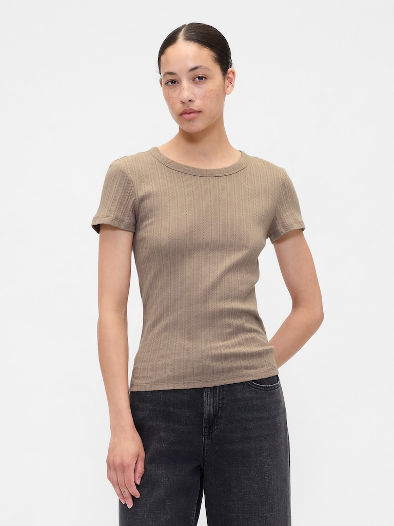 Ribbed Pointelle Crewneck T-Shirt