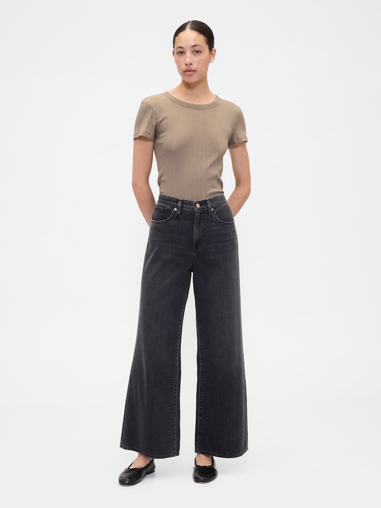 Ribbed Pointelle Crewneck T-Shirt