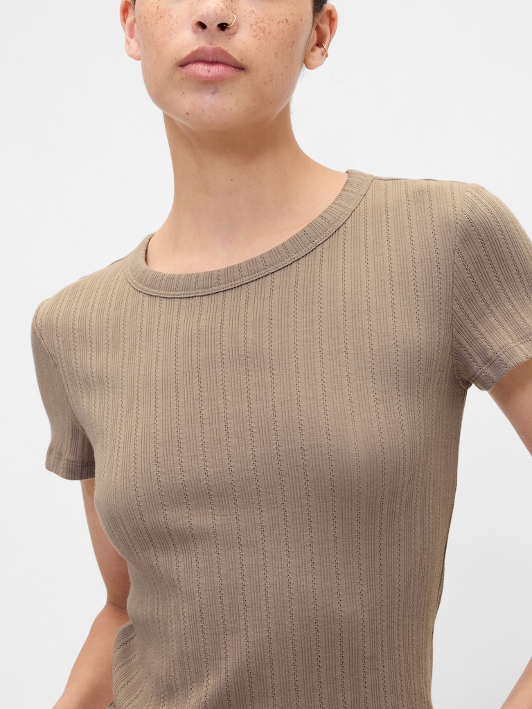 Ribbed Pointelle Crewneck T-Shirt