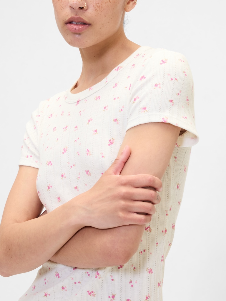 Ribbed Print Pointelle Crewneck T-Shirt