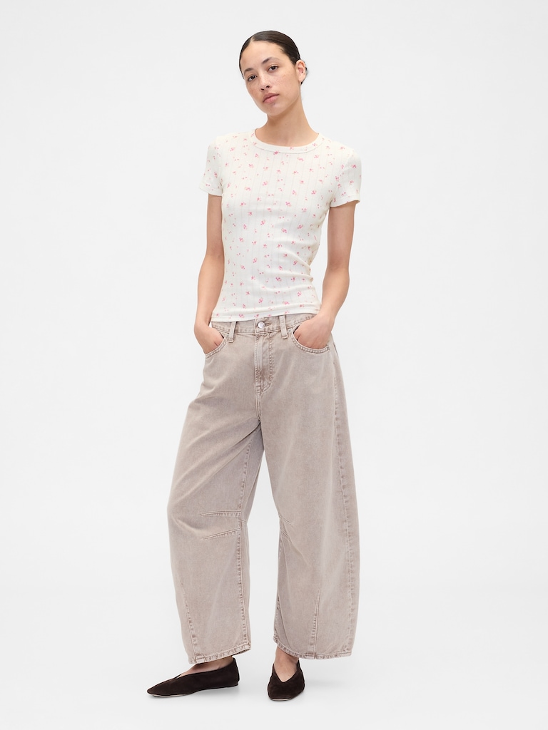 Ribbed Print Pointelle Crewneck T-Shirt