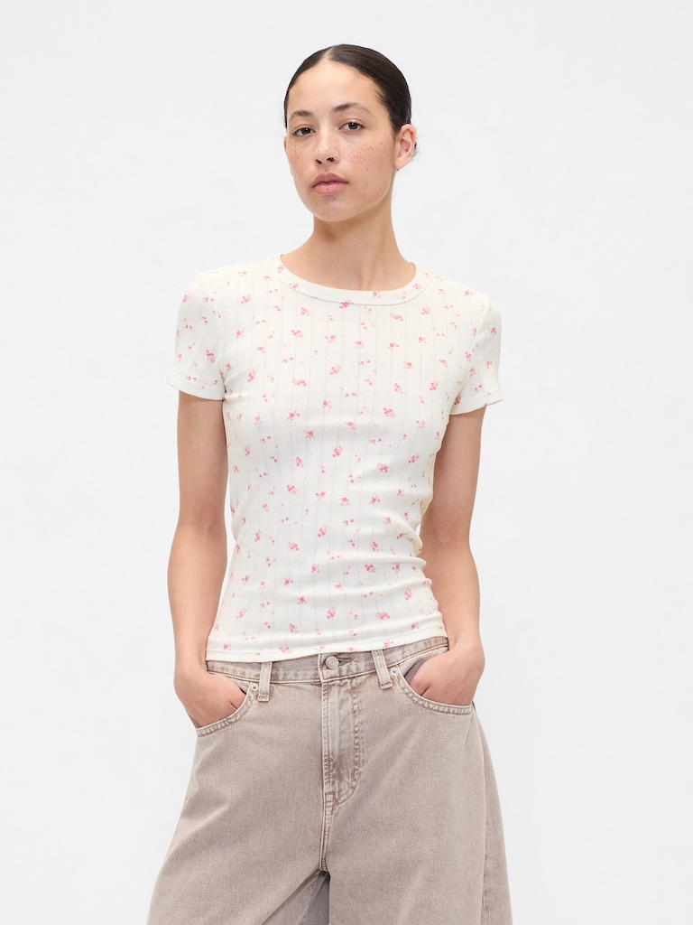 Ribbed Print Pointelle Crewneck T-Shirt