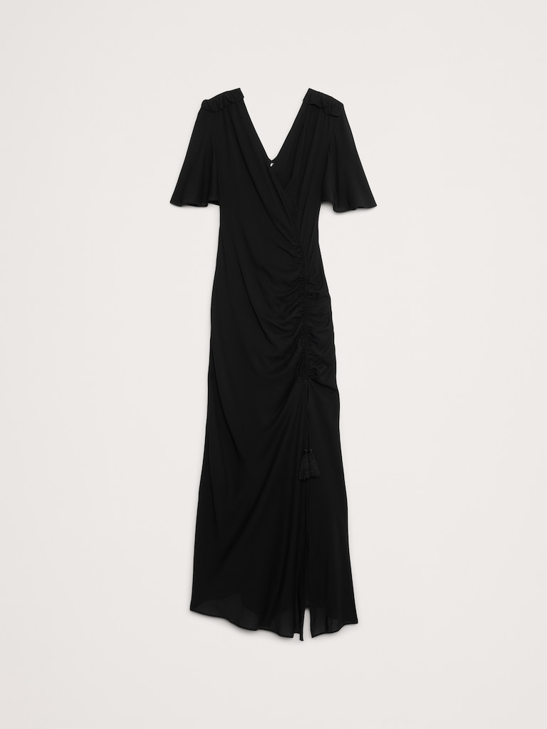 Stretch-Crepe Flutter-Sleeve Maxi Dress