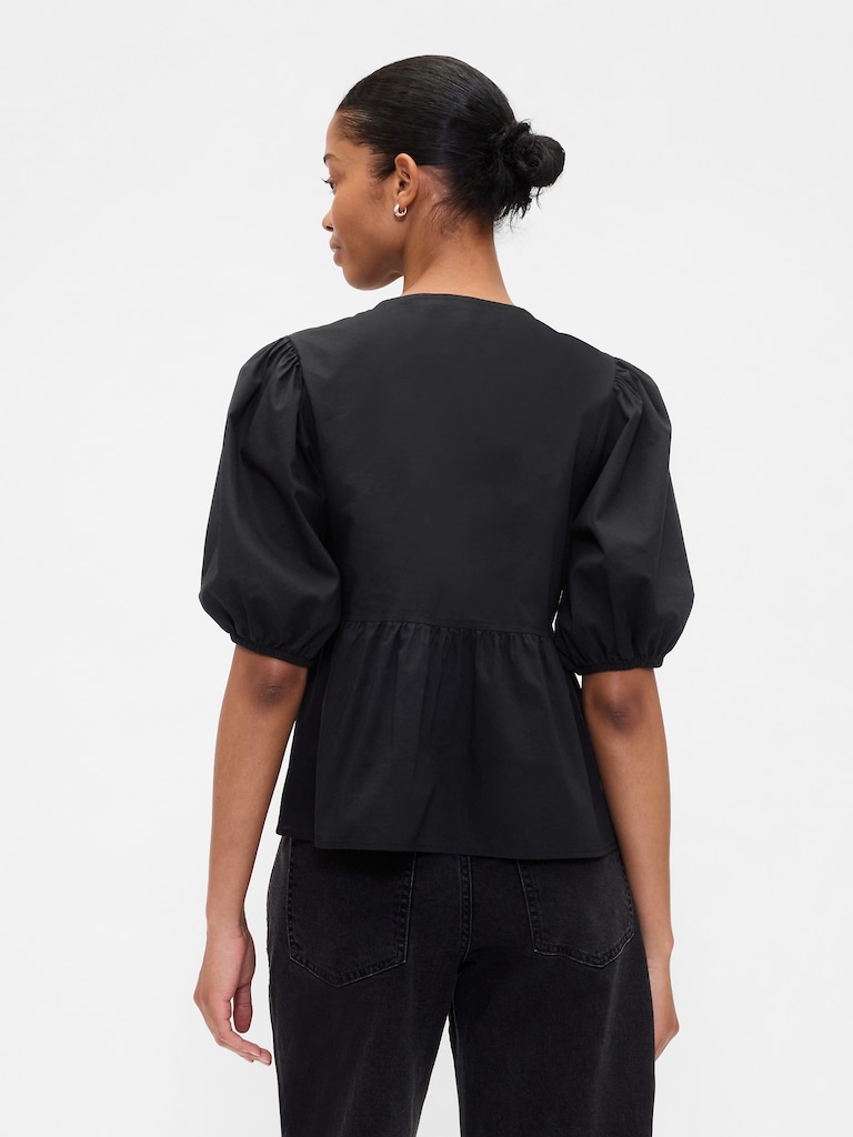 Poplin Puff Sleeve Tie-Front Top