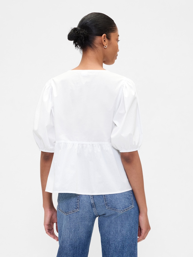Poplin Puff Sleeve Tie-Front Top