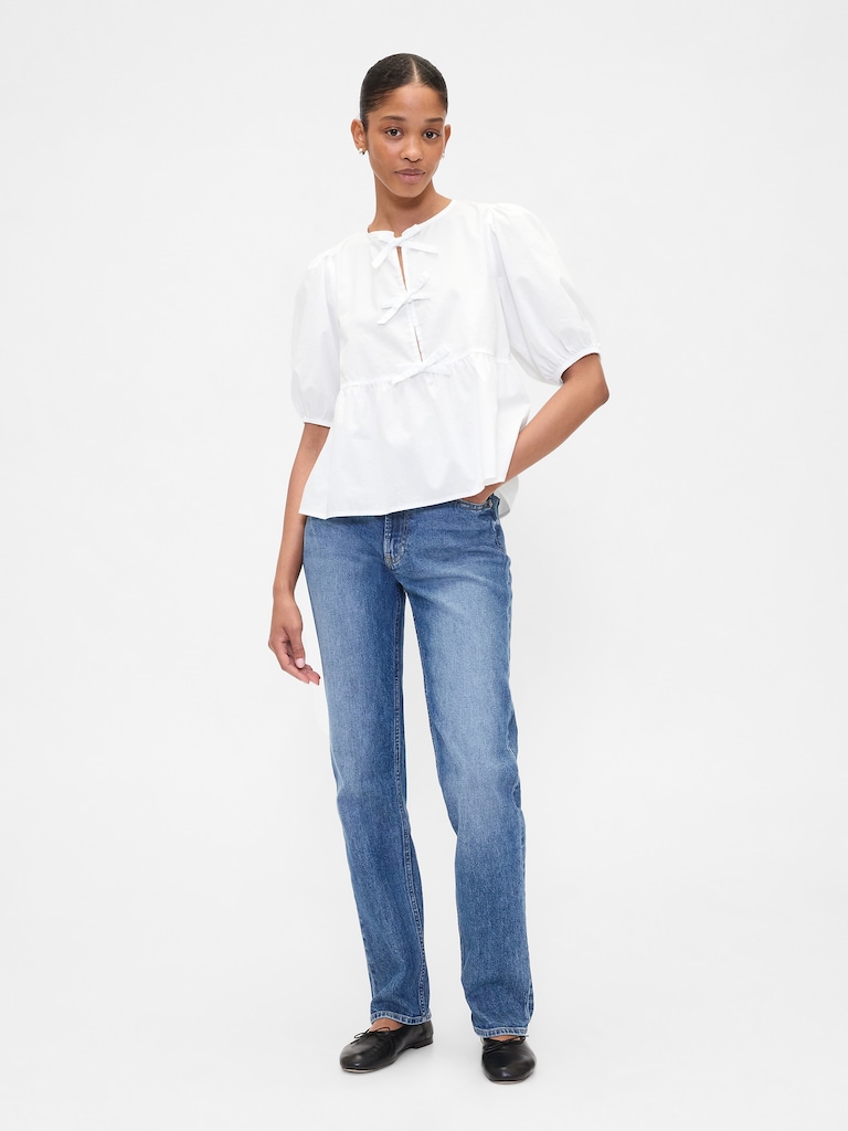 Poplin Puff Sleeve Tie-Front Top