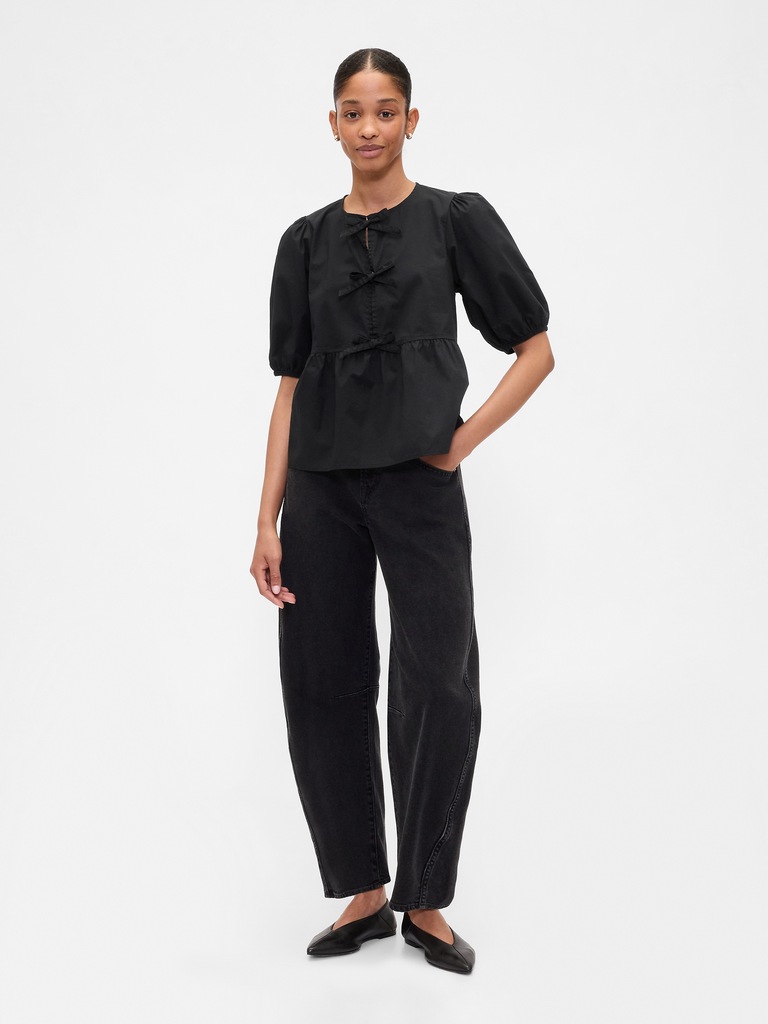 Poplin Puff Sleeve Tie-Front Top