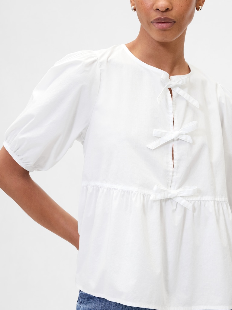 Poplin Puff Sleeve Tie-Front Top