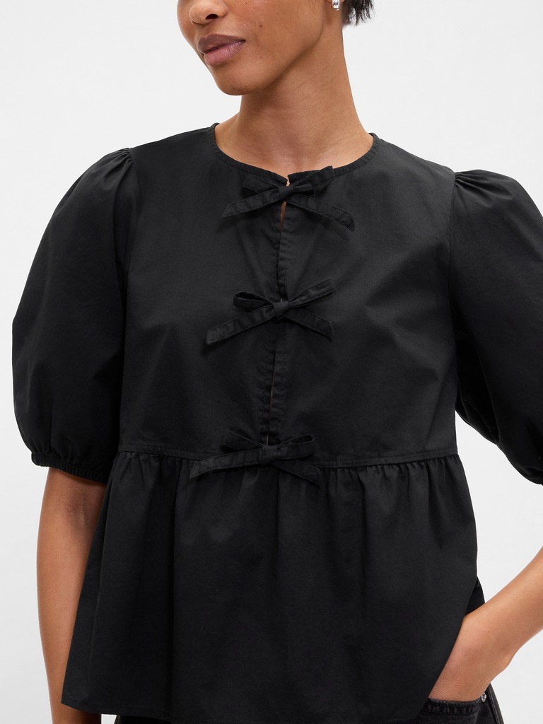 Poplin Puff Sleeve Tie-Front Top