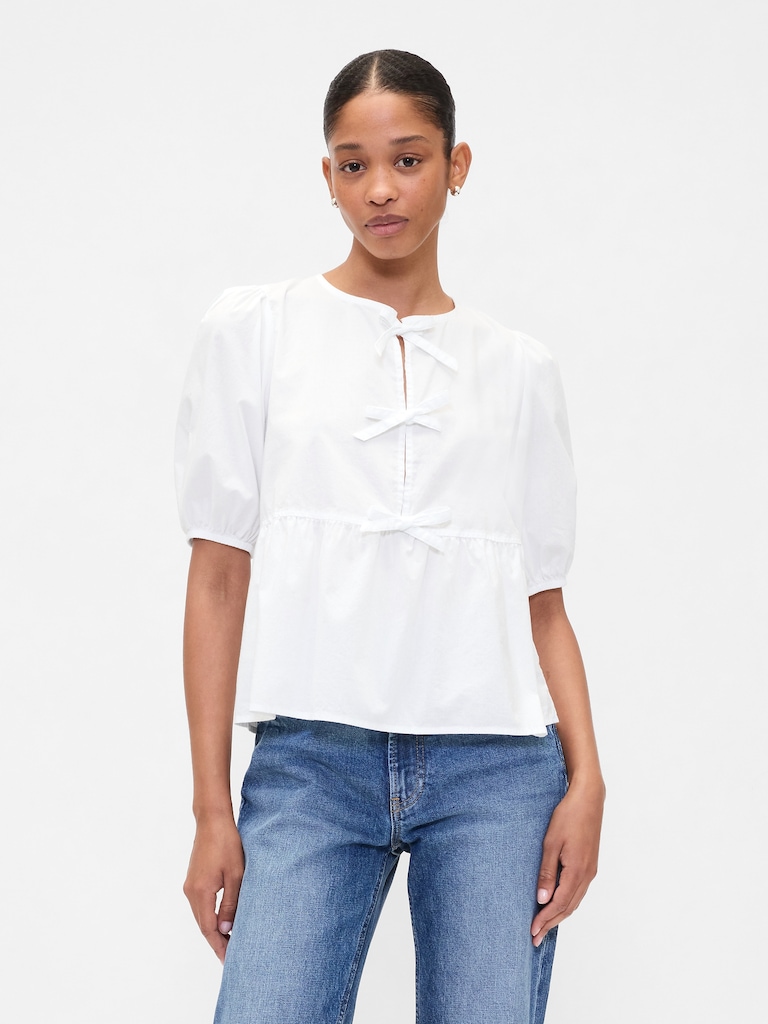 Poplin Puff Sleeve Tie-Front Top