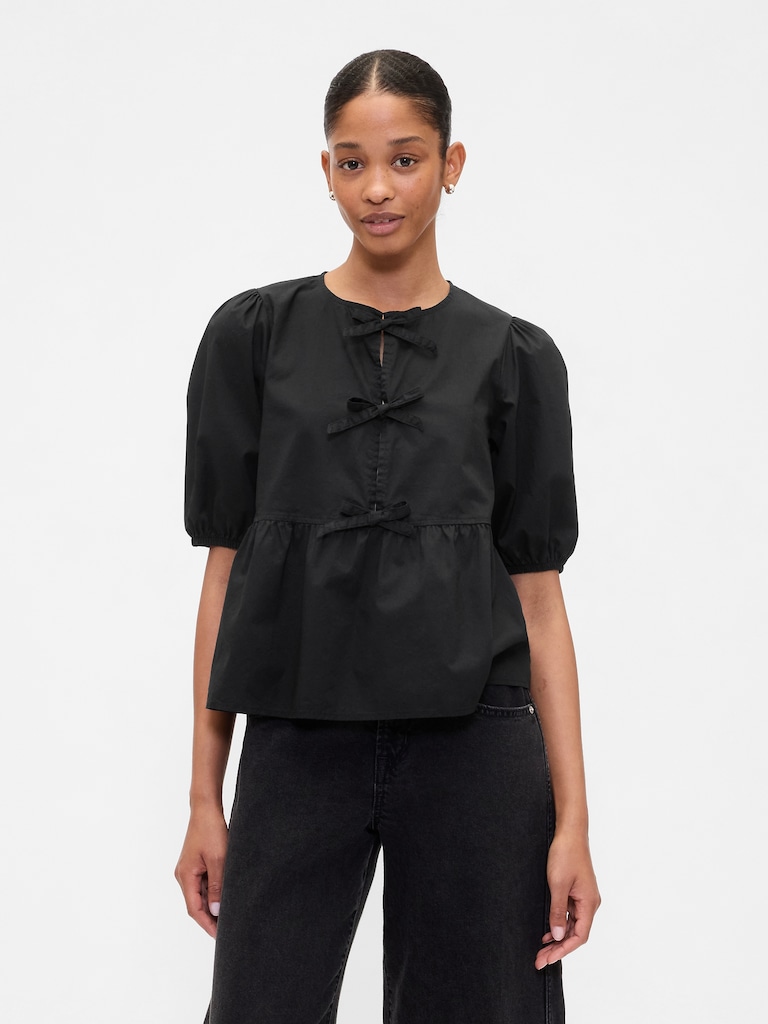 Poplin Puff Sleeve Tie-Front Top
