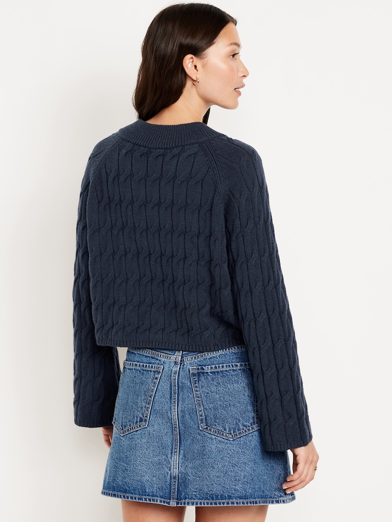 Wool-Blend V-Neck Cable Cropped Sweater