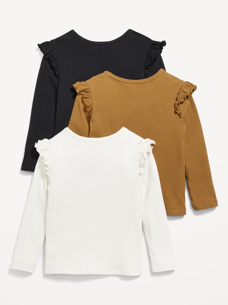 Long-Sleeve Ribbed Ruffle-Trim T-Shirts 3-Pack for Toddler Girls