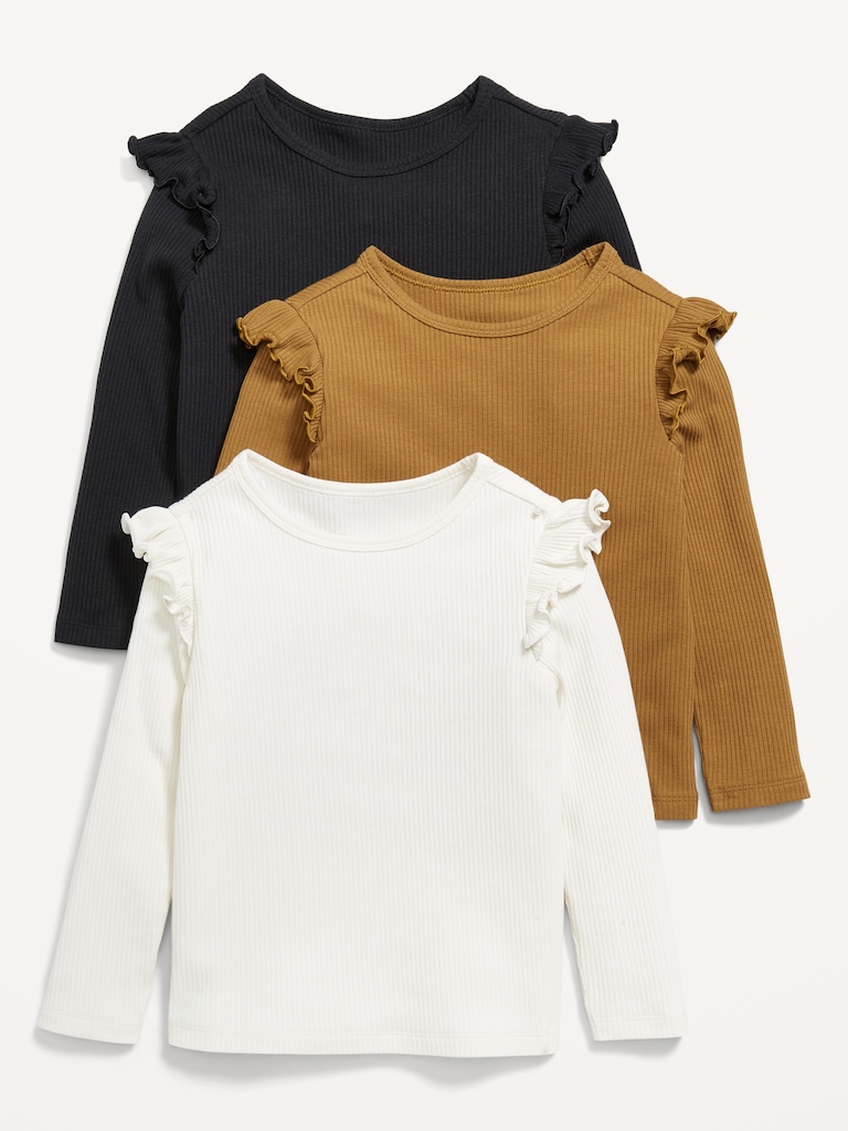 Long-Sleeve Ribbed Ruffle-Trim T-Shirts 3-Pack for Toddler Girls