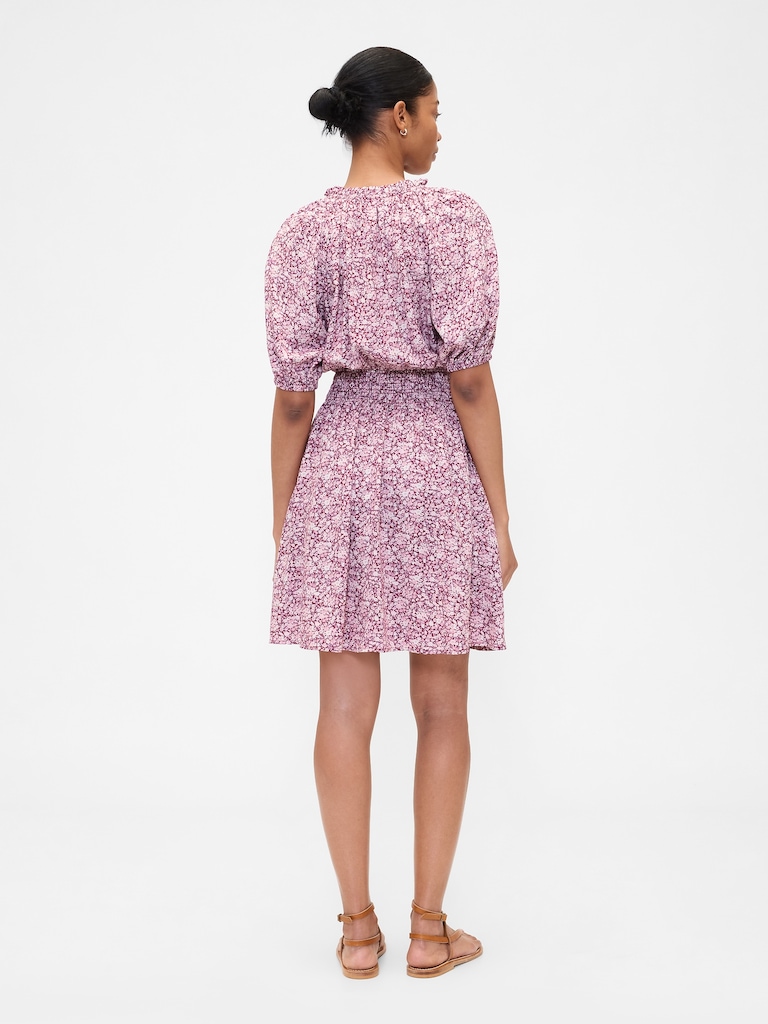 Relaxed Smocked Splitneck Mini Dress