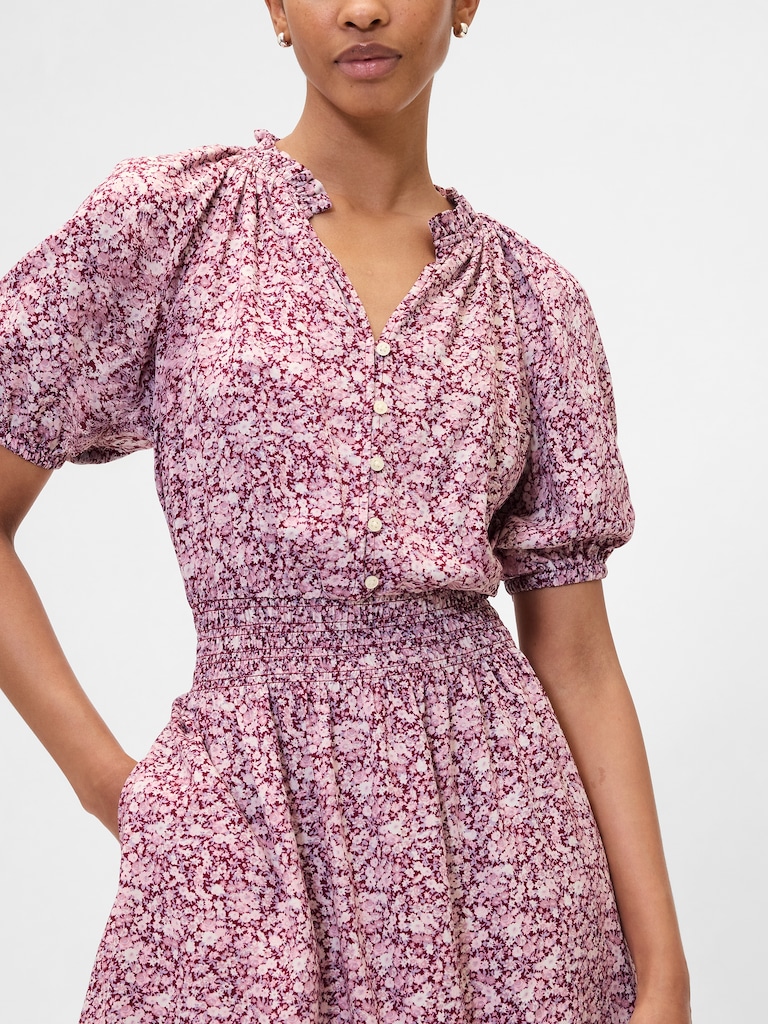 Relaxed Smocked Splitneck Mini Dress